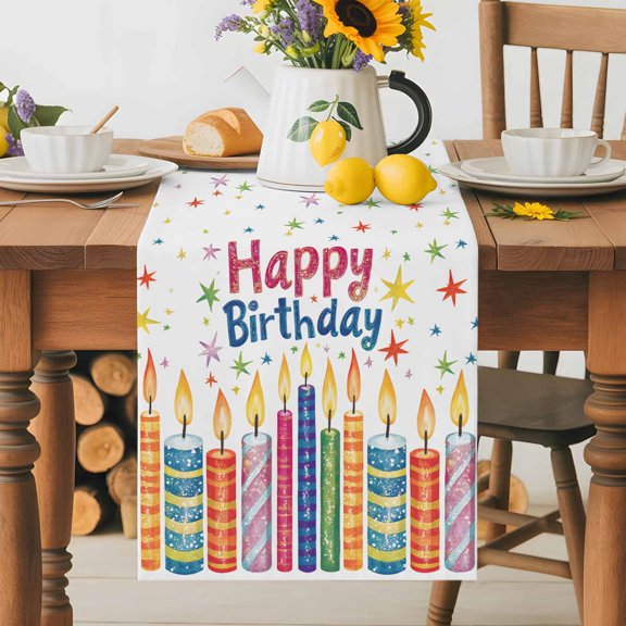 Burlap Table Runner 36 Inches Long, Happy Birthday Colorful Candles Non-Slip Kitchen Table Runners for Dining Room Everyday Use Party Table Decorations Shining Stars