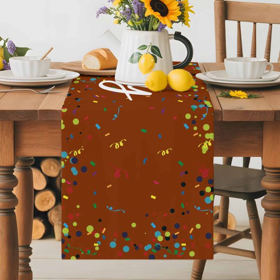 Burlap Table Runner 36 Inches Long, Happy Birthday Words on Brown Non-Slip Kitchen Table Runners for Dining Room Everyday Use Party Table Decorations Ribbons Colorful Points
