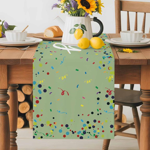 Burlap Table Runner 36 Inches Long, Happy Birthday Words on Green Non-Slip Kitchen Table Runners for Dining Room Everyday Use Party Table Decorations Ribbons Colorful Points