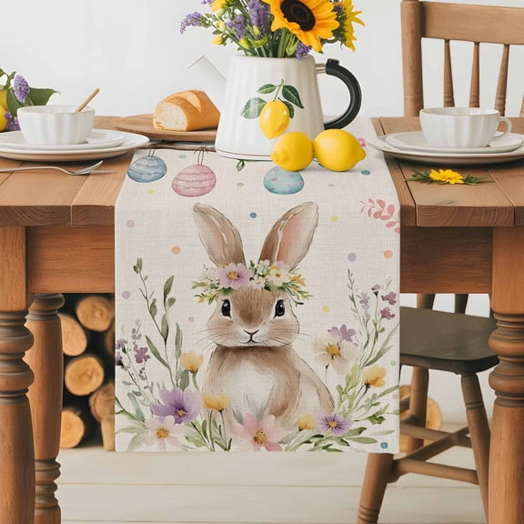 Burlap Table Runner 36 Inches Long, Happy Easter Rabbit Colorful Egg Non-Slip Kitchen Table Runners for Dining Room Everyday Use Party Table Decorations Spring Flower Tree Branch Flax