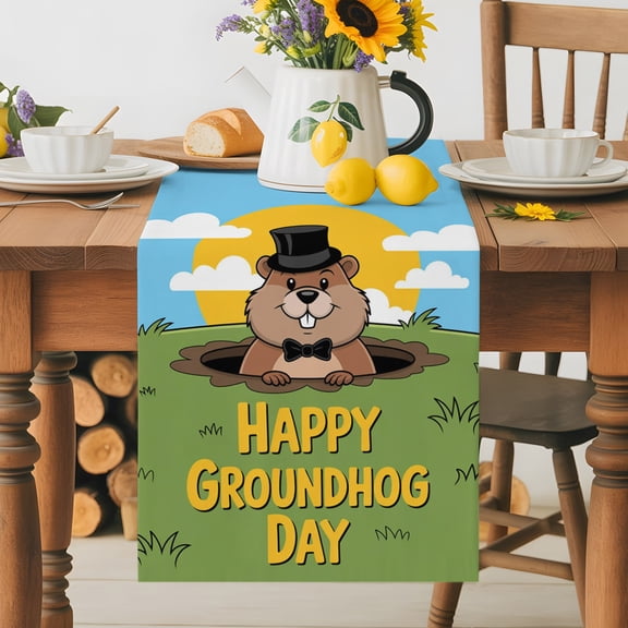 Burlap Table Runner 36 Inches Long, Happy Groundhog Day Non-Slip Kitchen Table Runners for Dining Room Everyday Use Party Table Decorations Cartoon Groundhog on Meadow