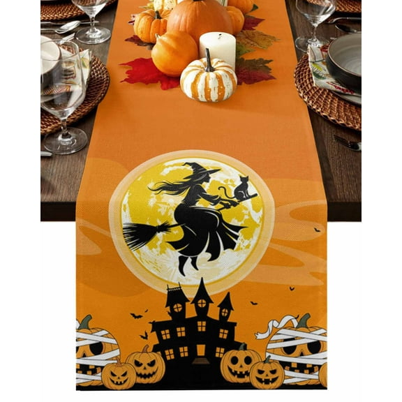 Burlap Table Runner 36 Inches Long,Happy Halloween Witch Orange Moon Non-Slip Kitchen Table Runners for Dining Room Everyday Use Party Table Decorations Dead Trees Pumpkin Haunted House