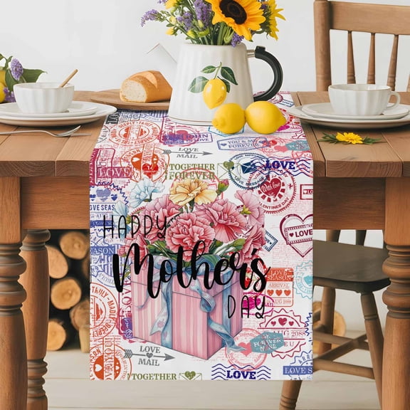 Burlap Table Runner 36 Inches Long, Happy Mother's Day Pink Floral Gift Non-Slip Kitchen Table Runners for Dining Room Everyday Use Party Table Decorations Vintage Love Heart Postmark