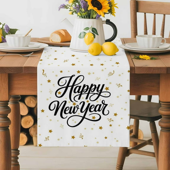 Burlap Table Runner 36 Inches Long,Happy New Year Words Pattern Non-Slip Kitchen Table Runners for Dining Room Everyday Use Party Table Decorations Gold Stars