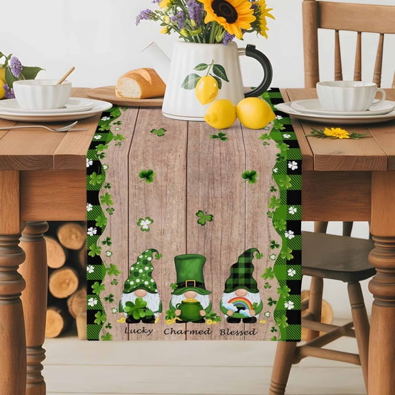 Burlap Table Runner 36 Inches Long,Happy St. Patrick's Clovers Dwarf with Gold Coin Non-Slip Kitchen Table Runners for Dining Room Everyday Use Party Table Decorations Green Check on Wooden