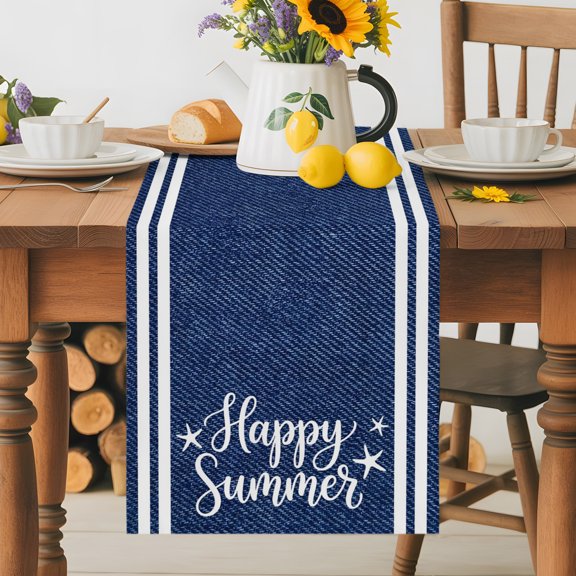 Burlap Table Runner 36 Inches Long, Happy Summer Quote Ocean Starfish Non-Slip Kitchen Table Runners for Dining Room Everyday Use Party Table Decorations Navy Blue Stripe Denim Texture