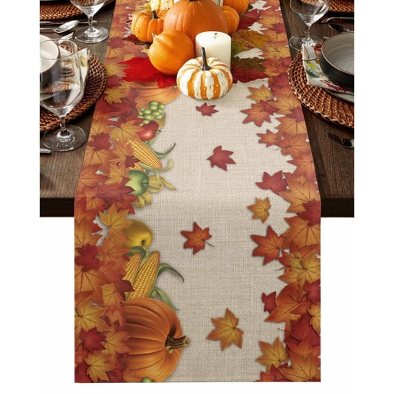 Burlap Table Runner 36 Inches Long,Happy Thanksgiving Pumpkin Fall Orange Maple Leaves Non-Slip Kitchen Table Runners for Dining Room Everyday Use Party Table Decorations Retro Linen
