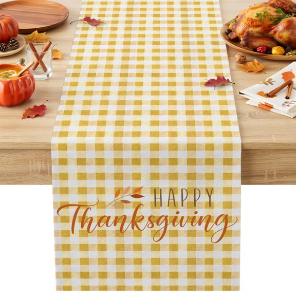 Burlap Table Runner 36 Inches Long, Happy Thanksgiving Words Non-Slip Kitchen Table Runners for Dining Room Everyday Use Party Table Decorations Yellow Plaid Background