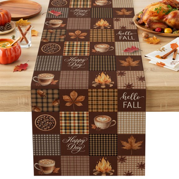 Burlap Table Runner 36 Inches Long, Hello Fall Happy Day Words Non-Slip Kitchen Table Runners for Dining Room Everyday Use Party Table Decorations Maple Leaves Coffee