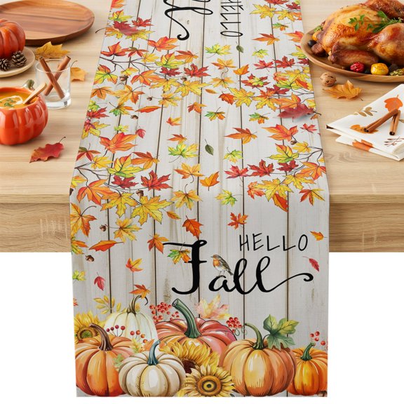Burlap Table Runner 36 Inches Long, Hello Fall Words on Wood Board Non-Slip Kitchen Table Runners for Dining Room Everyday Use Party Table Decorations Pumpkin Maple Leaf