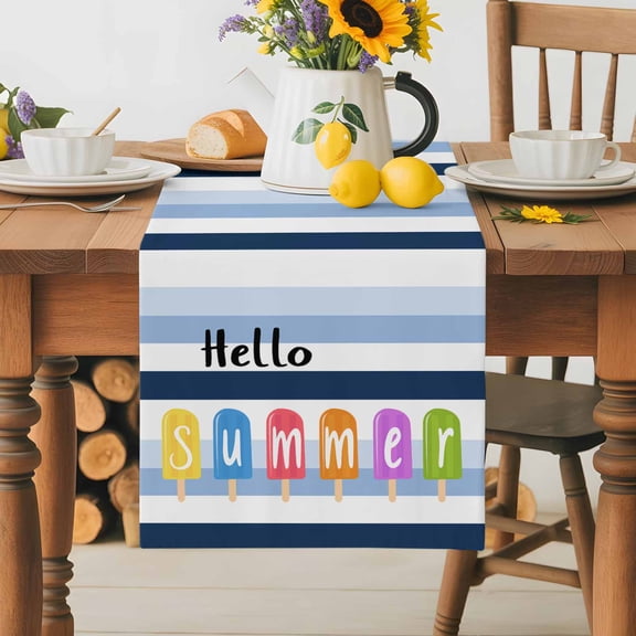 Burlap Table Runner 36 Inches Long,Hello Summer Blue White Stripe Non-Slip Kitchen Table Runners for Dining Room Everyday Use Party Table Decorations Colorful Popsicles