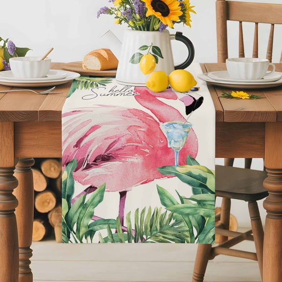 Burlap Table Runner 36 Inches Long,Hello Summer Pink Flamingo Non-Slip Kitchen Table Runners for Dining Room Everyday Use Party Table Decorations Tropical Palm Leaf Flower