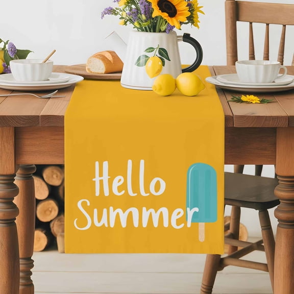 Burlap Table Runner 36 Inches Long, Hello Summer Text Ice Cream on Orange Non-Slip Kitchen Table Runners for Dining Room Everyday Use Party Table Decorations Seasonal Holiday Theme