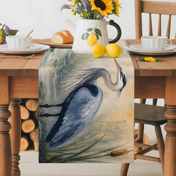 Burlap Table Runner 36 Inches Long, Heron Bird Country Sage Green Non-Slip Kitchen Table Runners for Dining Room Everyday Use Party Table Decorations Watercolor Oil Painting Style