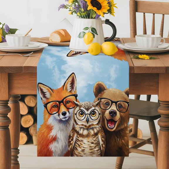 Burlap Table Runner 36 Inches Long, Hipster Fox Owl Non-Slip Kitchen Table Runners for Dining Room Everyday Use Party Table Decorations Bear with Glasses Abstract Animal Art