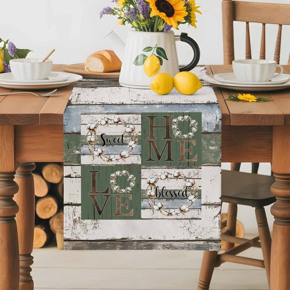 Burlap Table Runner 36 Inches Long,Home Love Words Non-Slip Kitchen Table Runners for Dining Room Everyday Use Party Table Decorations Country Shabby Wood Board