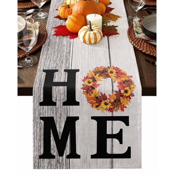 Burlap Table Runner 36 Inches Long,Home Orange Maple Leaf Wreath Watercolor Non-Slip Kitchen Table Runners for Dining Room Everyday Use Party Table Decorations Farm Vintage Wood Board