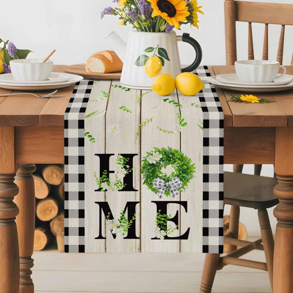 Burlap Table Runner 36 Inches Long,Home Text Vintage Wood Board Non-Slip Kitchen Table Runners for Dining Room Everyday Use Party Table Decorations Rustic Leaf Flower Buffalo Plaid