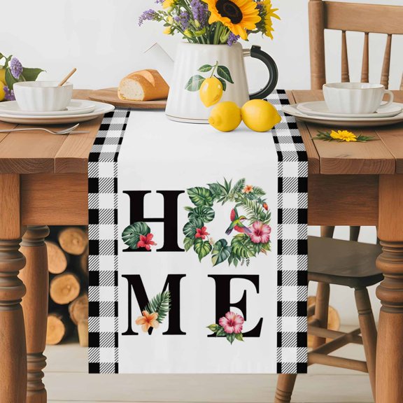 Burlap Table Runner 36 Inches Long, Home Words Summer Flowers Non-Slip Kitchen Table Runners for Dining Room Everyday Use Party Table Decorations Alephants Honeybirds