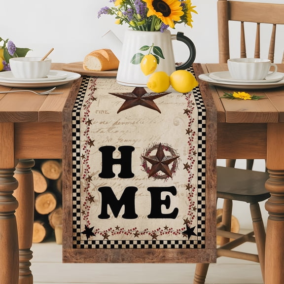 Burlap Table Runner 36 Inches Long, Home Words on Vintage Letter Non-Slip Kitchen Table Runners for Dining Room Everyday Use Party Table Decorations Country Stars Black Plaid