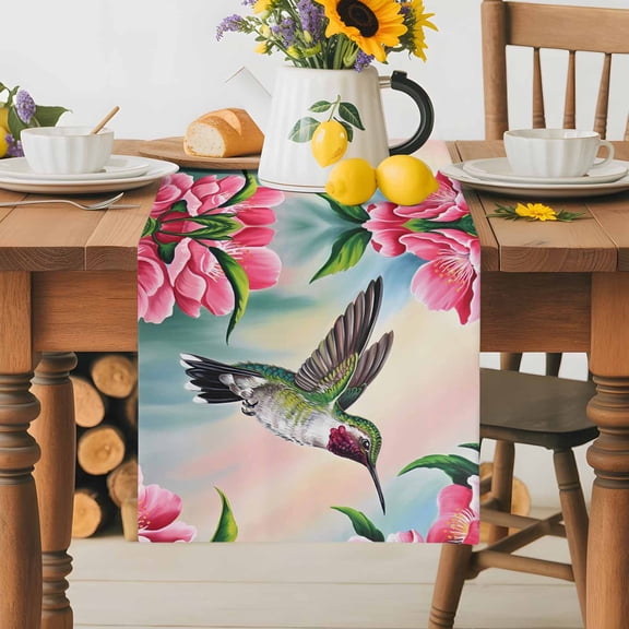 Burlap Table Runner 36 Inches Long,Hummingbird Flower Peach Blossom Non-Slip Kitchen Table Runners for Dining Room Everyday Use Party Table Decorations Nature Oil Painting Art
