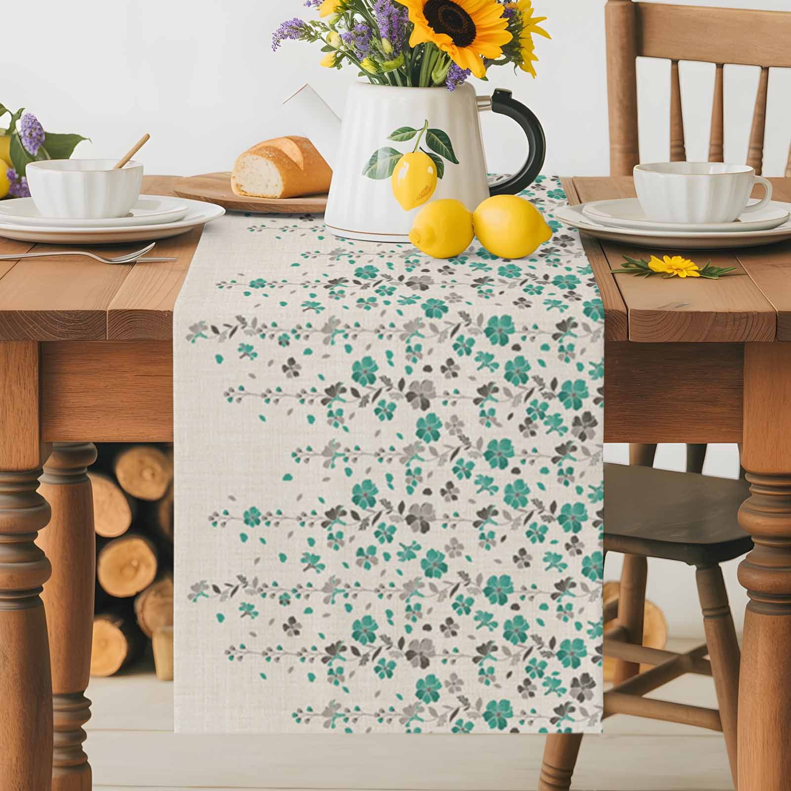 Burlap Table Runner 36 Inches Long, Idyllic Farm Teal Grey Flower ...