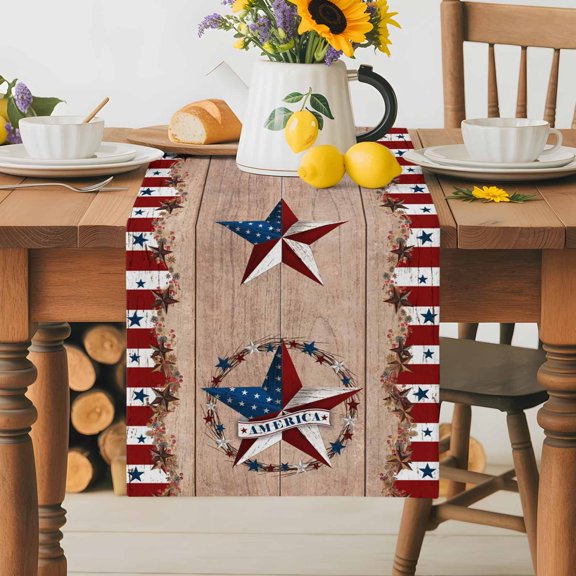 Burlap Table Runner 36 Inches Long,Independence Day Country Stars Non-Slip Kitchen Table Runners for Dining Room Everyday Use Party Table Decorations Farm Wooden Plank