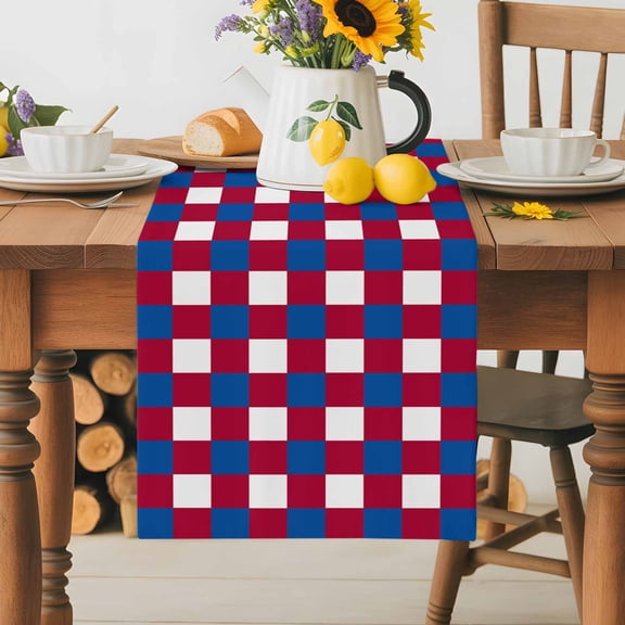 Burlap Table Runner 36 Inches Long,Independence Day Red Buffalo Plaid Non-Slip Kitchen Table Runners for Dining Room Everyday Use Party Table Decorations Blue Gingham Check