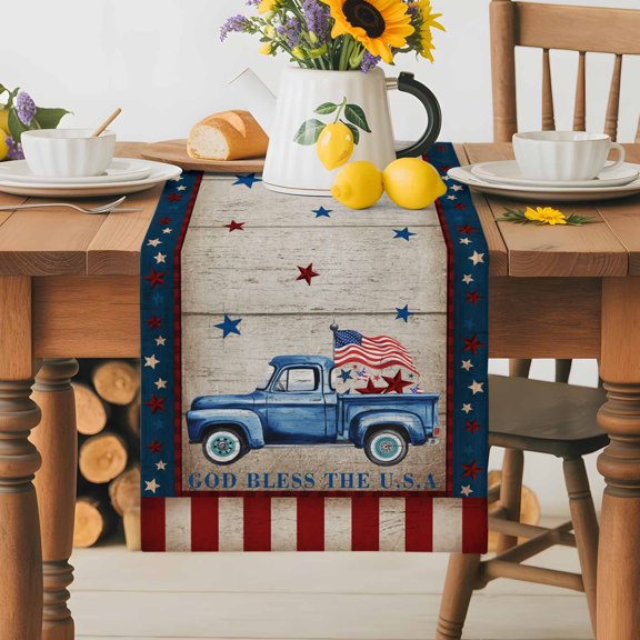 Burlap Table Runner 36 Inches Long,Independence Day Retro Blue Car on Wood Non-Slip Kitchen Table Runners for Dining Room Everyday Use Party Table Decorations Country Stars Stripe