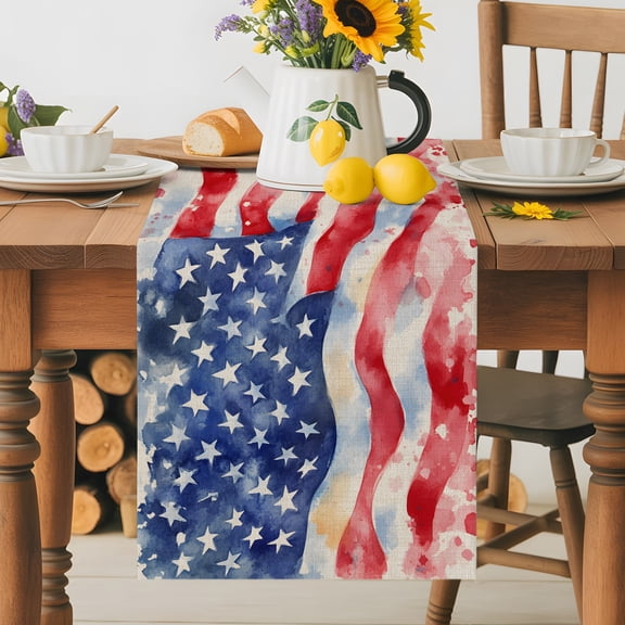 Burlap Table Runner 36 Inches Long, Independence Day Watercolor Old Glory Non-Slip Kitchen Table Runners for Dining Room Everyday Use Party Table Decorations Patriotic USA Flag
