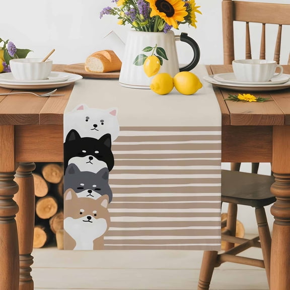 Burlap Table Runner 36 Inches Long, Japanese Cute Aquatian Dogs Non-Slip Kitchen Table Runners for Dining Room Everyday Use Party Table Decorations Brown Striped
