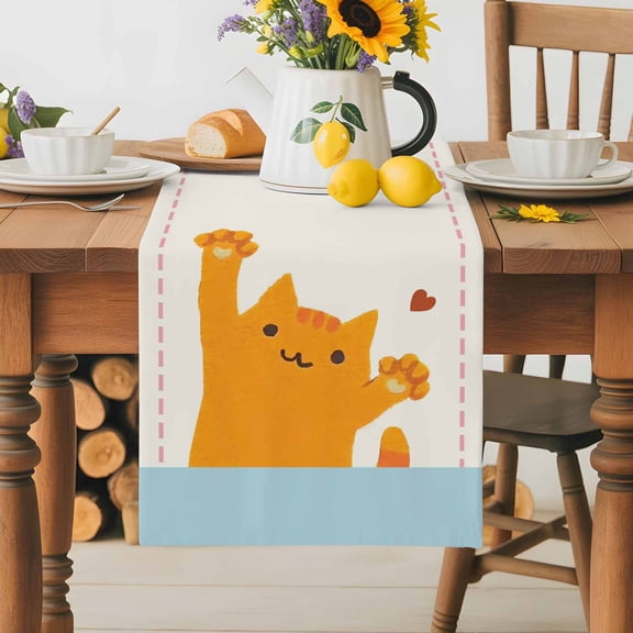 Burlap Table Runner 36 Inches Long, Japanese Cute Cats Non-Slip Kitchen Table Runners for Dining Room Everyday Use Party Table Decorations Orange Kitty Blue Striped