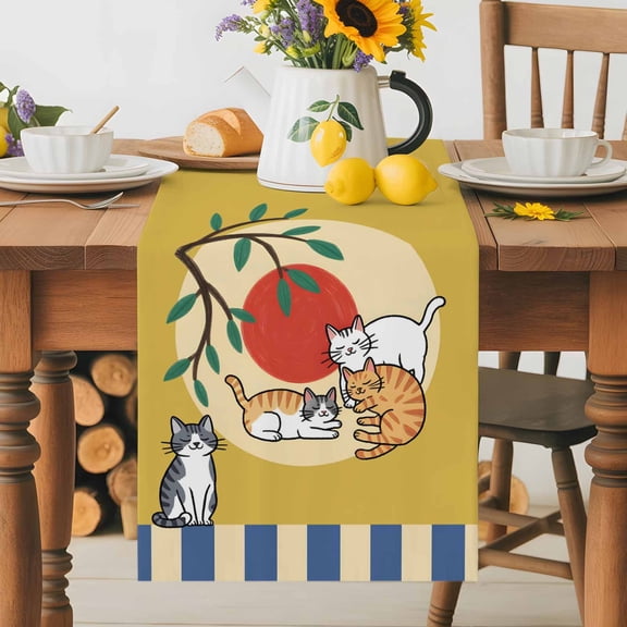 Burlap Table Runner 36 Inches Long, Japanese Style Cat Non-Slip Kitchen Table Runners for Dining Room Everyday Use Party Table Decorations Cute Kitty Blue Stripes
