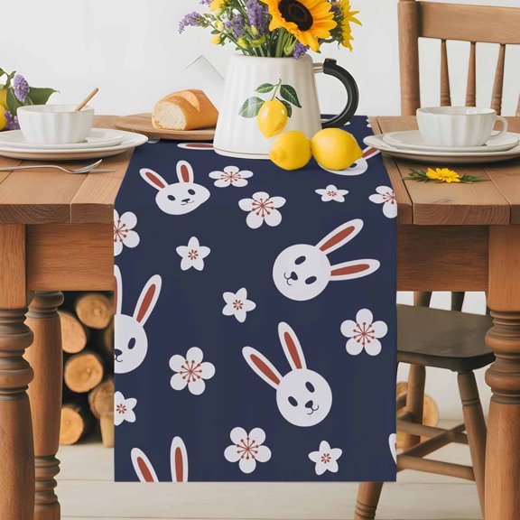 Burlap Table Runner 36 Inches Long, Japanese Style Rabbit Non-Slip Kitchen Table Runners for Dining Room Everyday Use Party Table Decorations Cherry Blossom Cute Pet