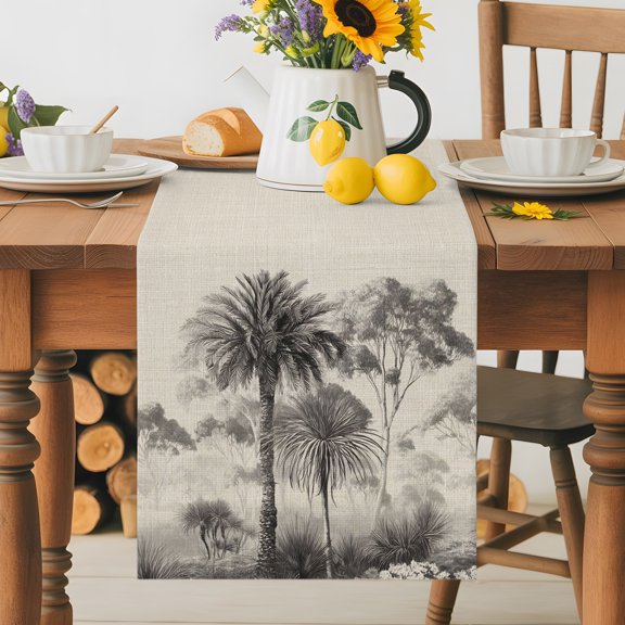 Burlap Table Runner 36 Inches Long, Jungle Forest Palm Tree Plant Gray Non-Slip Kitchen Table Runners for Dining Room Everyday Use Party Table Decorations Farmhouse Vintage Burlap