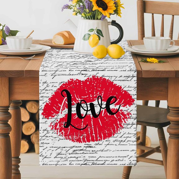 Burlap Table Runner 36 Inches Long, Kiss Red Lip Print Love Word Non-Slip Kitchen Table Runners for Dining Room Everyday Use Party Table Decorations Retro Letter White Black