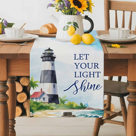 Burlap Table Runner 36 Inches Long,LET YOUR LIGHT Shine Non-Slip Kitchen Table Runners for Dining Room Everyday Use Party Table Decorations Watercolor Ocean Beach Lighthouse