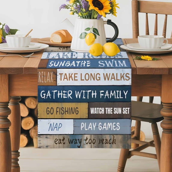 Burlap Table Runner 36 Inches Long, Lake Rules Farm Blue Wood Board Non ...