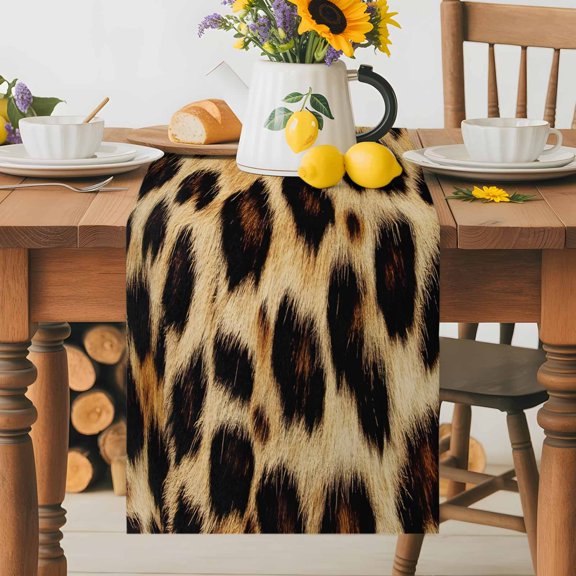 Burlap Table Runner 36 Inches Long, Leopard Print Non-Slip Kitchen Table Runners for Dining Room Everyday Use Party Table Decorations Vintage Brown Abstract Animal