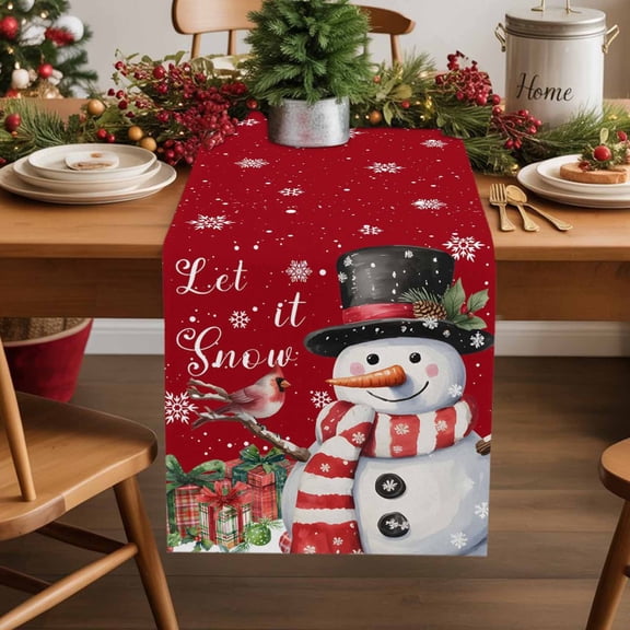 Burlap Table Runner 36 Inches Long,Let Snow Words on Red Background Non-Slip Kitchen Table Runners for Dining Room Everyday Use Party Table Decorations Winter Snowman Bird