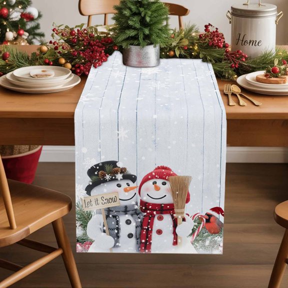 Burlap Table Runner 36 Inches Long,Let Snow Words on Wood Board Non-Slip Kitchen Table Runners for Dining Room Everyday Use Party Table Decorations Winter Snowman