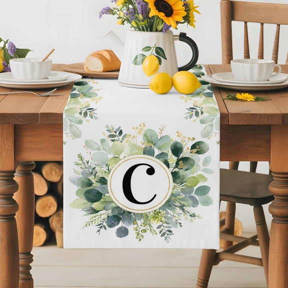 Burlap Table Runner 36 Inches Long,Letters C on Eucalyptus Leaves Non-Slip Kitchen Table Runners for Dining Room Everyday Use Party Table Decorations Spring Farm Plant
