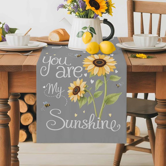 Burlap Table Runner 36 Inches Long,Letters You Are My Sunshine Non-Slip Kitchen Table Runners for Dining Room Everyday Use Party Table Decorations Pastoral Sunflowers on Gray