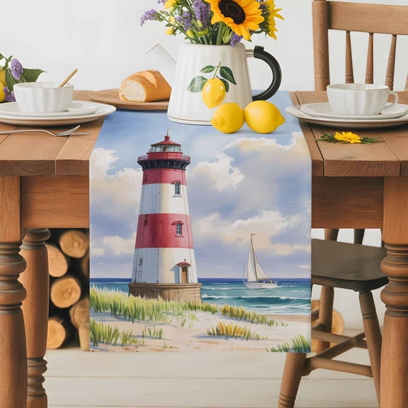 Burlap Table Runner 36 Inches Long,Lighthouse Beach Beach Sea Island Non-Slip Kitchen Table Runners for Dining Room Everyday Use Party Table Decorations Vintage Oil Painting Art