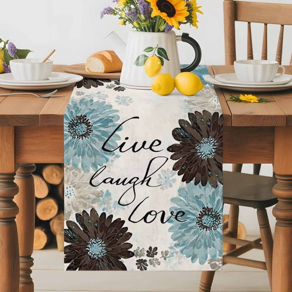 Burlap Table Runner 36 Inches Long, Live Love Laugh Words Non-Slip Kitchen Table Runners for Dining Room Everyday Use Party Table Decorations Country Blue Brown Floral