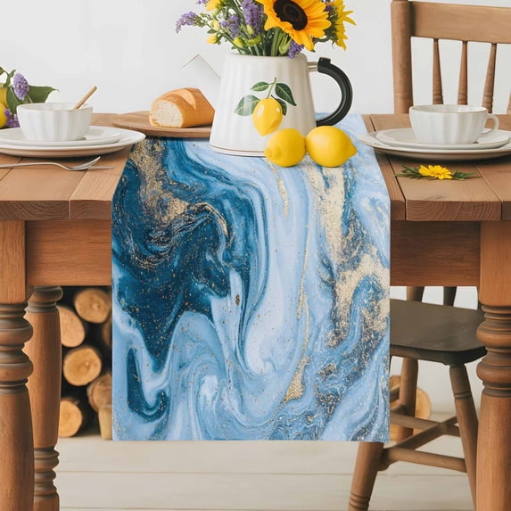 Burlap Table Runner 36 Inches Long,Marble Texture Watercolor Blue Non-Slip Kitchen Table Runners for Dining Room Everyday Use Party Table Decorations Abstract Fluid Art Seamless