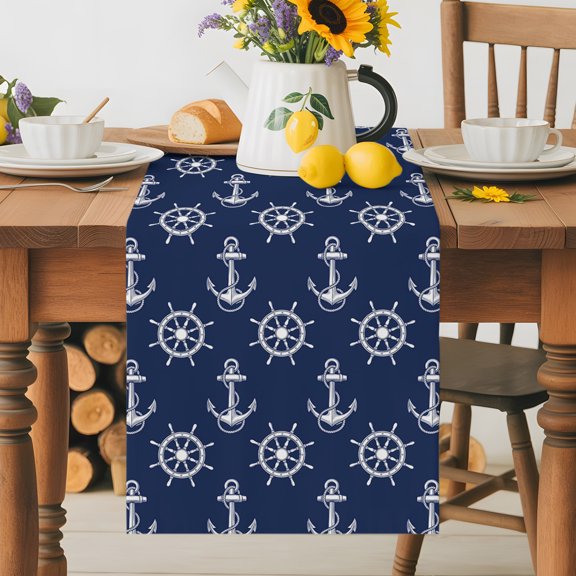Burlap Table Runner 36 Inches Long, Marine Nautical Rudder Anchor Non-Slip Kitchen Table Runners for Dining Room Everyday Use Party Table Decorations Ocean Theme on Navy Blue