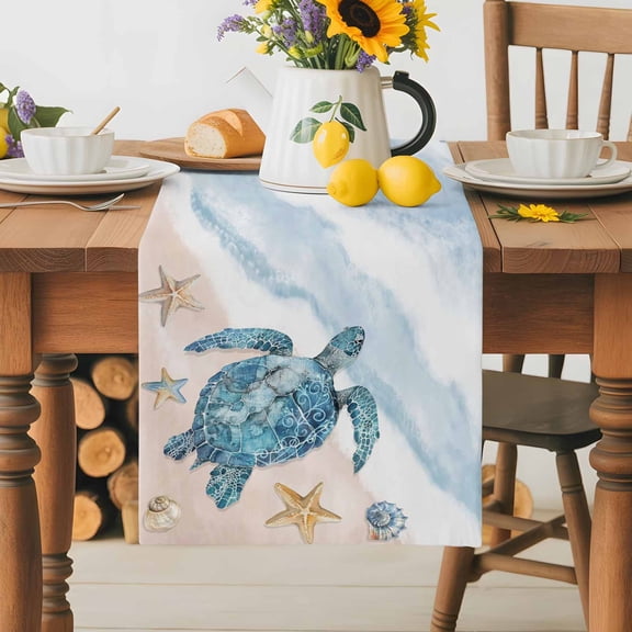 Burlap Table Runner 36 Inches Long, Marine Theme Sea Turtle Starfish Non-Slip Kitchen Table Runners for Dining Room Everyday Use Party Table Decorations Ocean Beach Watercolor Art