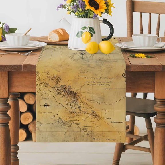 Burlap Table Runner 36 Inches Long,Medieval Earth Map on Retro Non-Slip Kitchen Table Runners for Dining Room Everyday Use Party Table Decorations Modern Abstract Mountain