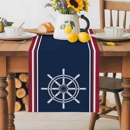 Burlap Table Runner 36 Inches Long, Medieval Nautical Ship Wheel Non-Slip Kitchen Table Runners for Dining Room Everyday Use Party Table Decorations Vintage Red White Striped
